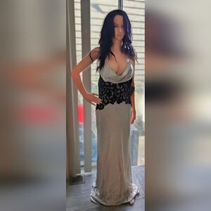 Laurence Kazar Vintage Taupe Satin w/Black Lace Sleeveless Maxi Gown